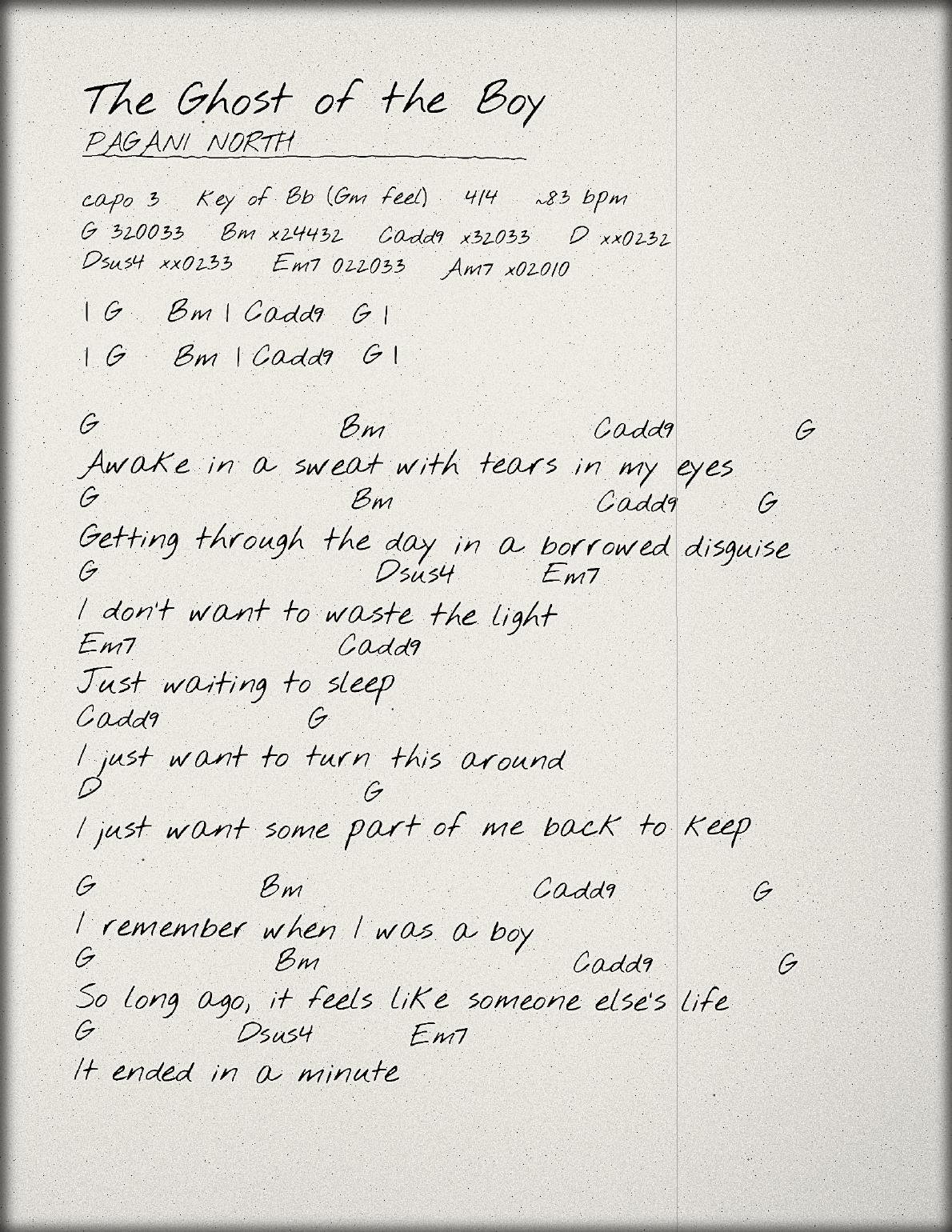 First page of the handwritten chord chart for The Ghost of the Boy